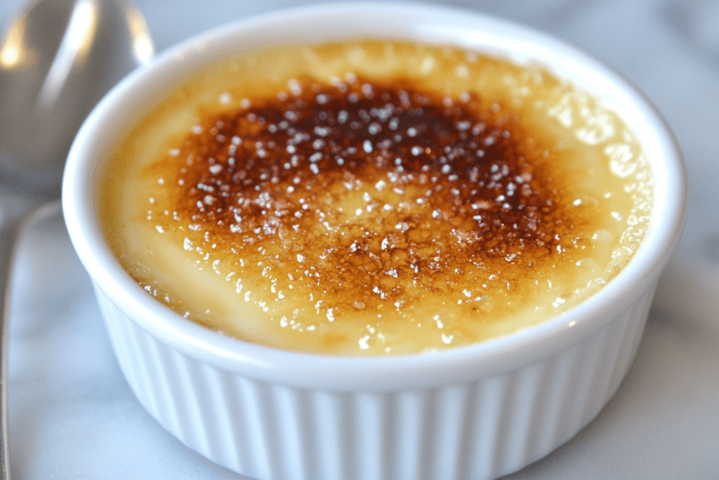 A close-up of crème brûlée with a caramelized sugar crust.