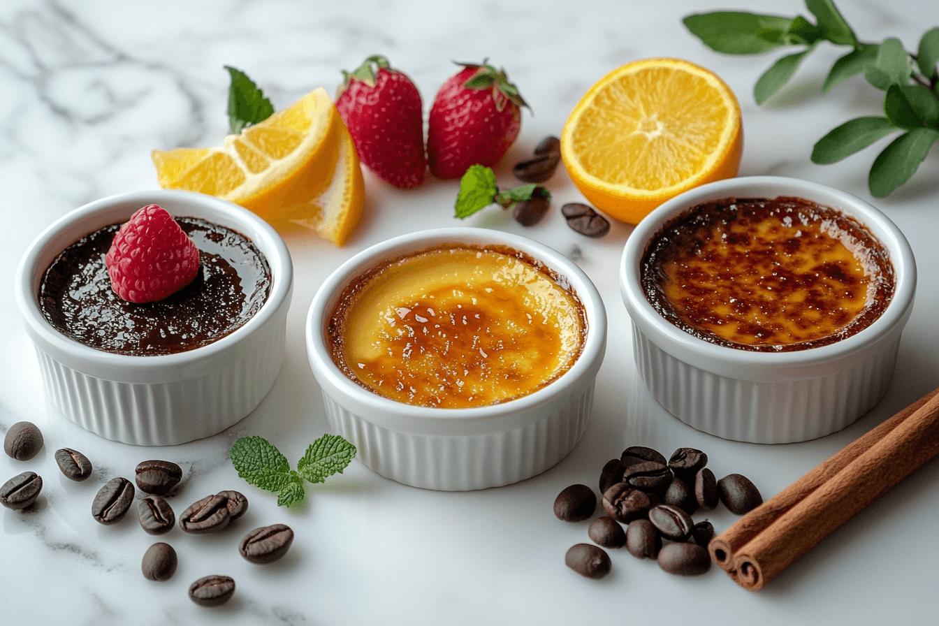 Assorted crème brûlée flavors served in decorative ramekins.
