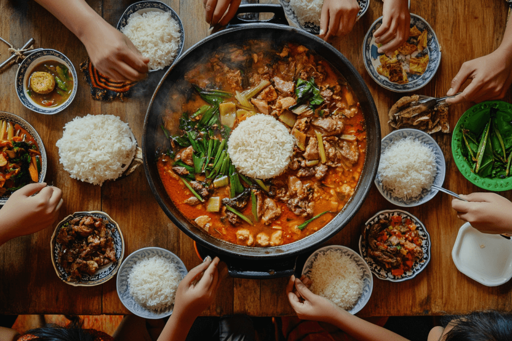 A family enjoying a pot of Sinigang with rice and side dishes, showcasing the dish’s role in fostering connection and tradition in Filipino culture.