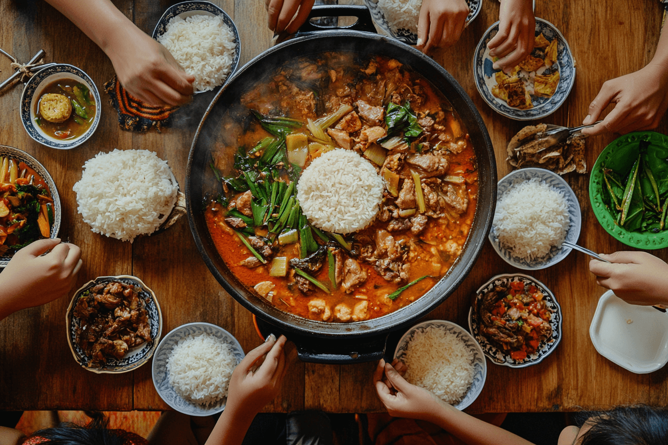 A family enjoying a pot of Sinigang with rice and side dishes, showcasing the dish’s role in fostering connection and tradition in Filipino culture.