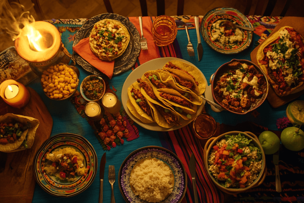 A dinner table with Mexican dishes and festive decorations.
