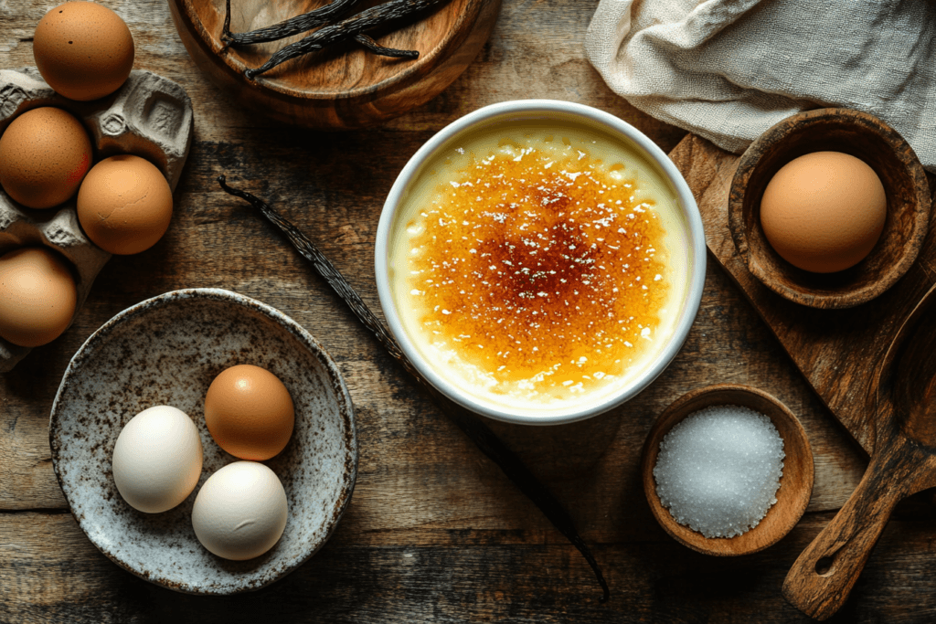 Ingredients for crème brûlée laid out on a kitchen counter.