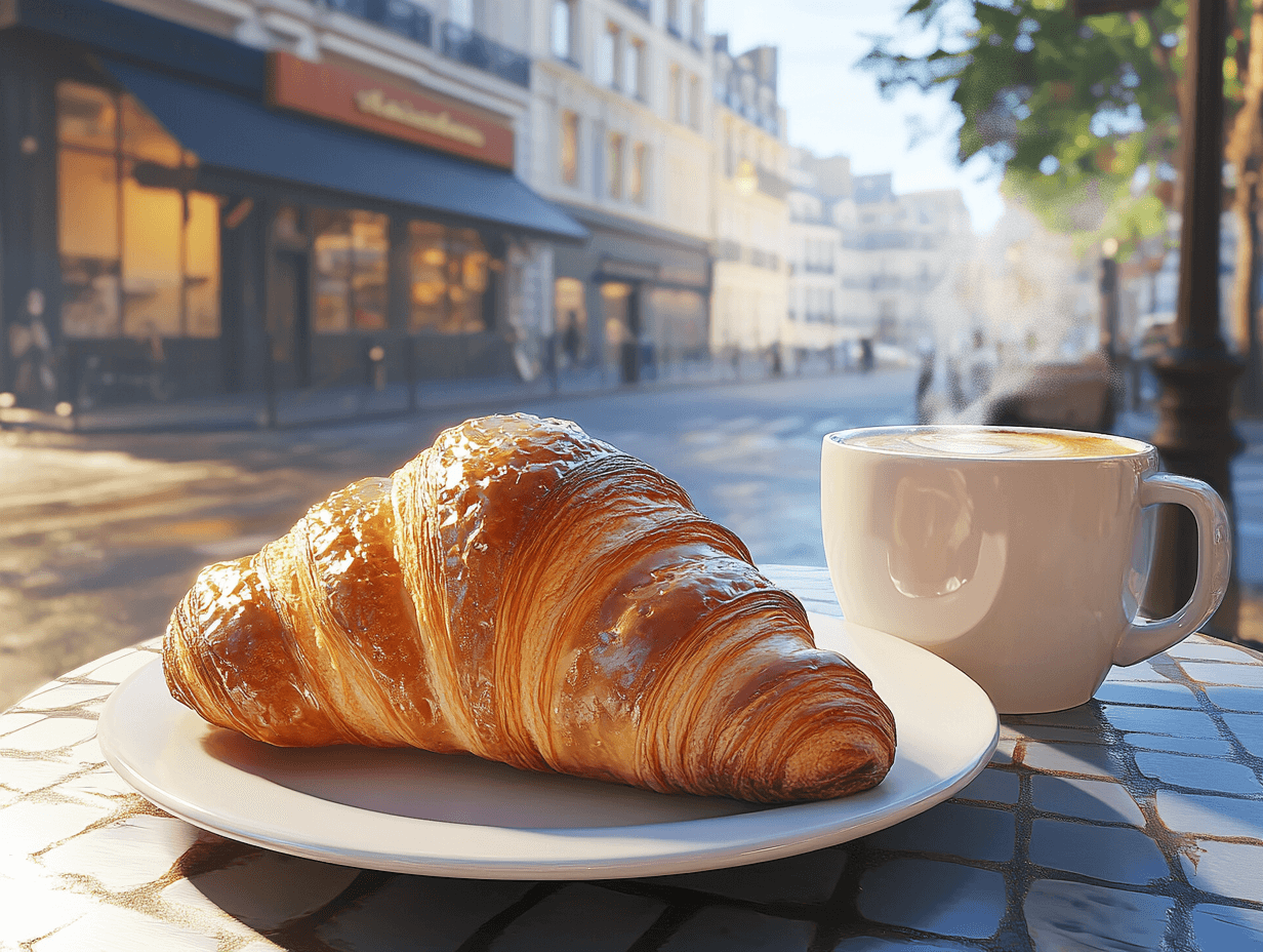 A freshly baked butter croissant on a wooden table