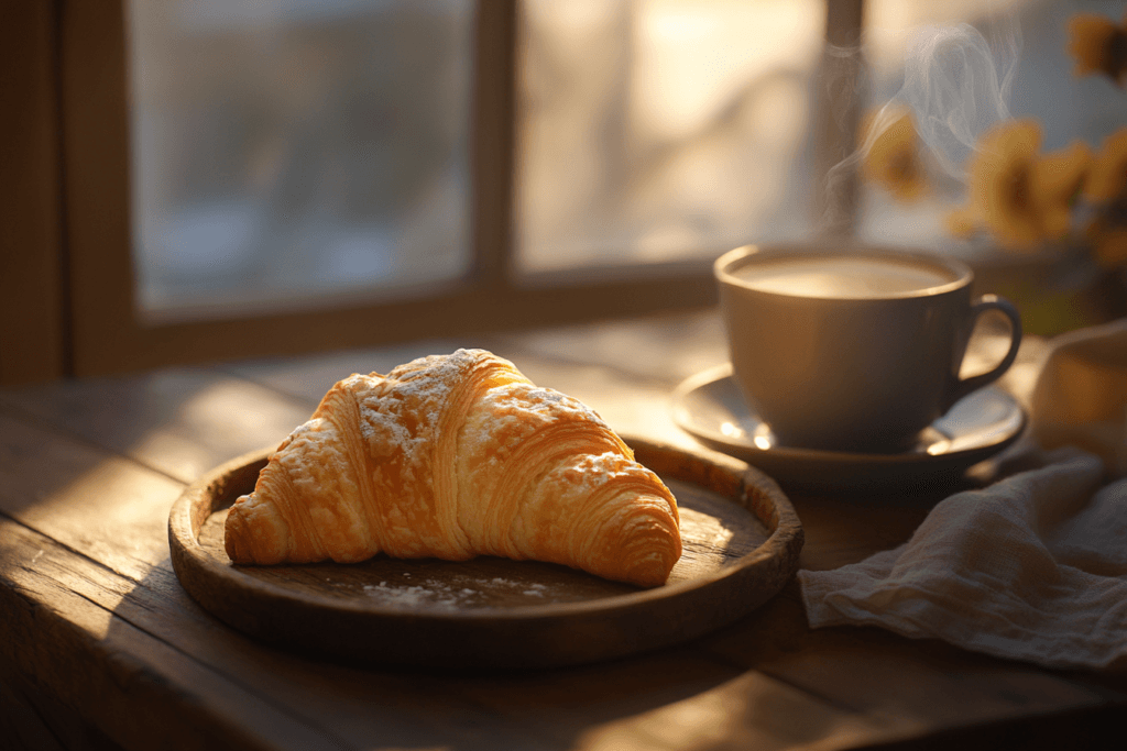 A golden butter croissant on a wooden plate with a cup of coffee.