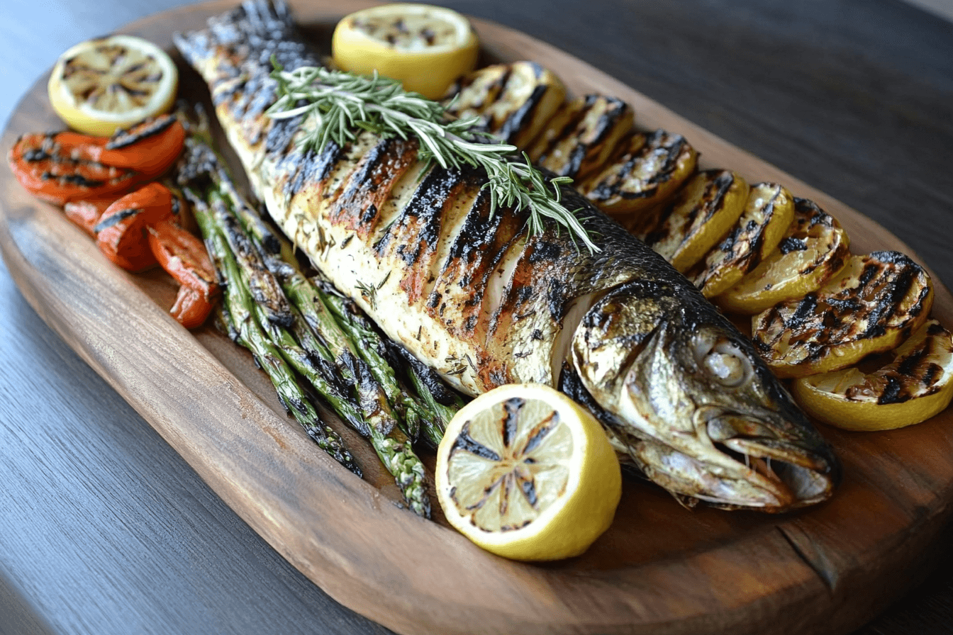 A whole grilled branzino served on a rustic wooden platter, garnished with lemon slices, fresh rosemary, and olive oil, accompanied by grilled vegetables like zucchini, bell peppers, and asparagus.