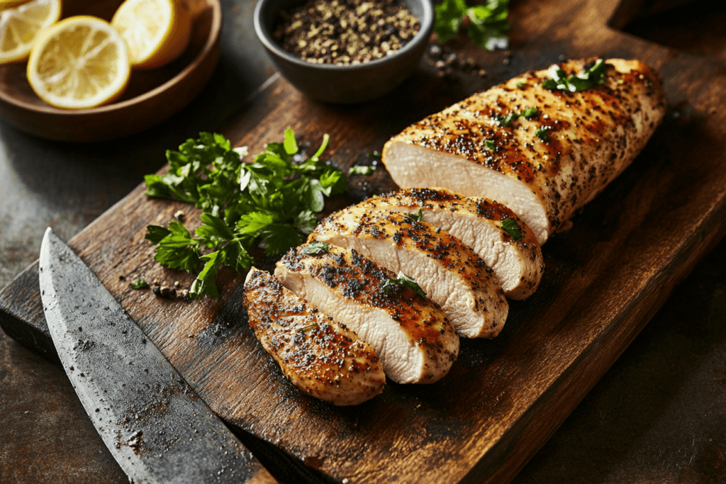 Fresh chicken cutlets and thin-sliced chicken breasts displayed on a wooden cutting board with garnishes in a rustic kitchen setting.