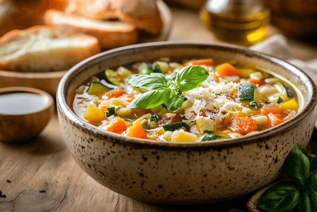A rustic bowl of minestrone soup with vegetables, fresh basil, and Parmesan cheese, served with crusty bread on a wooden table.