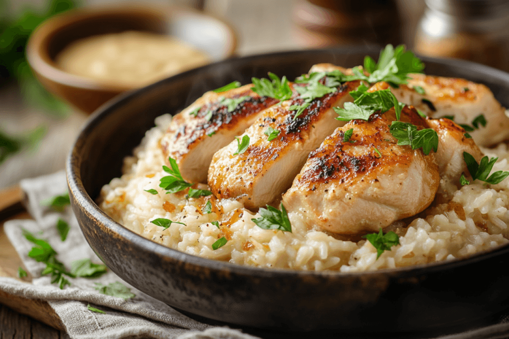 Moist chicken and rice garnished with fresh parsley and served with a creamy sauce.