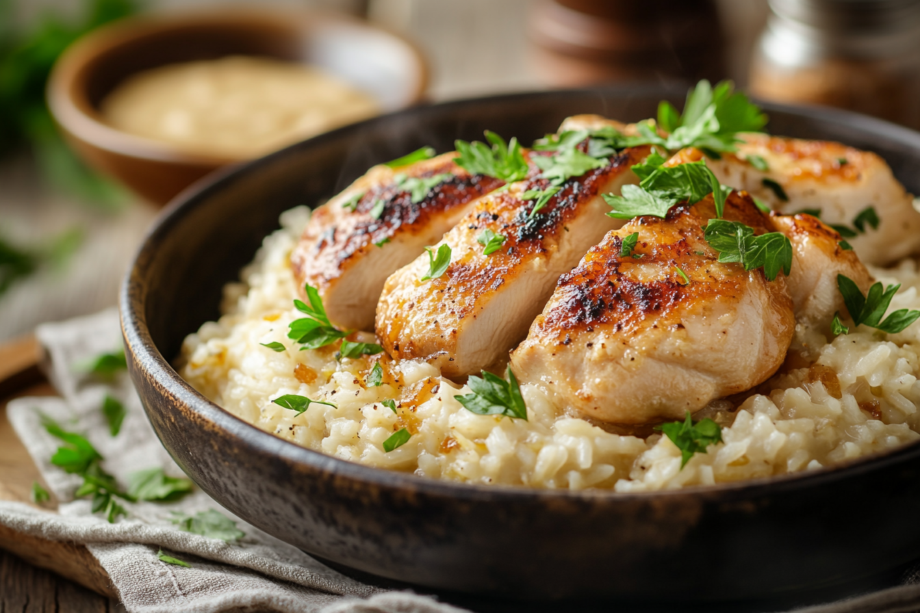 Moist chicken and rice garnished with fresh herbs.