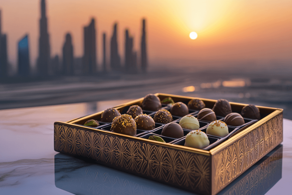 "An elegant box of Dubai chocolate with gold-embossed packaging, featuring luxurious truffles infused with saffron and pistachios, placed on a marble table with the Dubai skyline in the background."