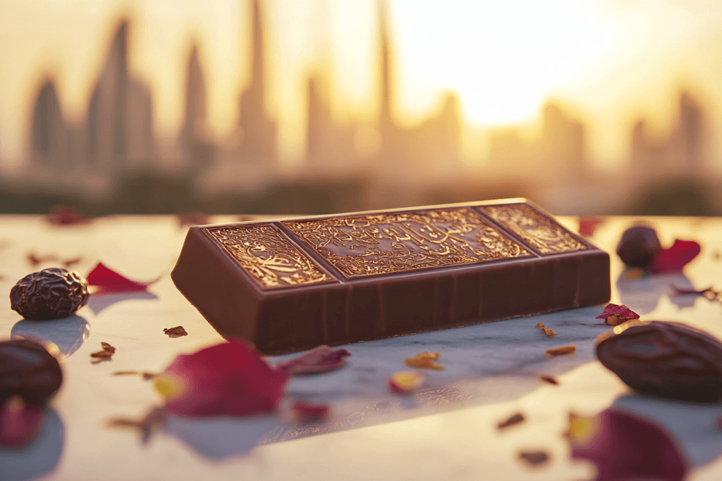 A luxurious camel milk chocolate bar with gold accents, inspired by Dubai's culture, set against the iconic city skyline.