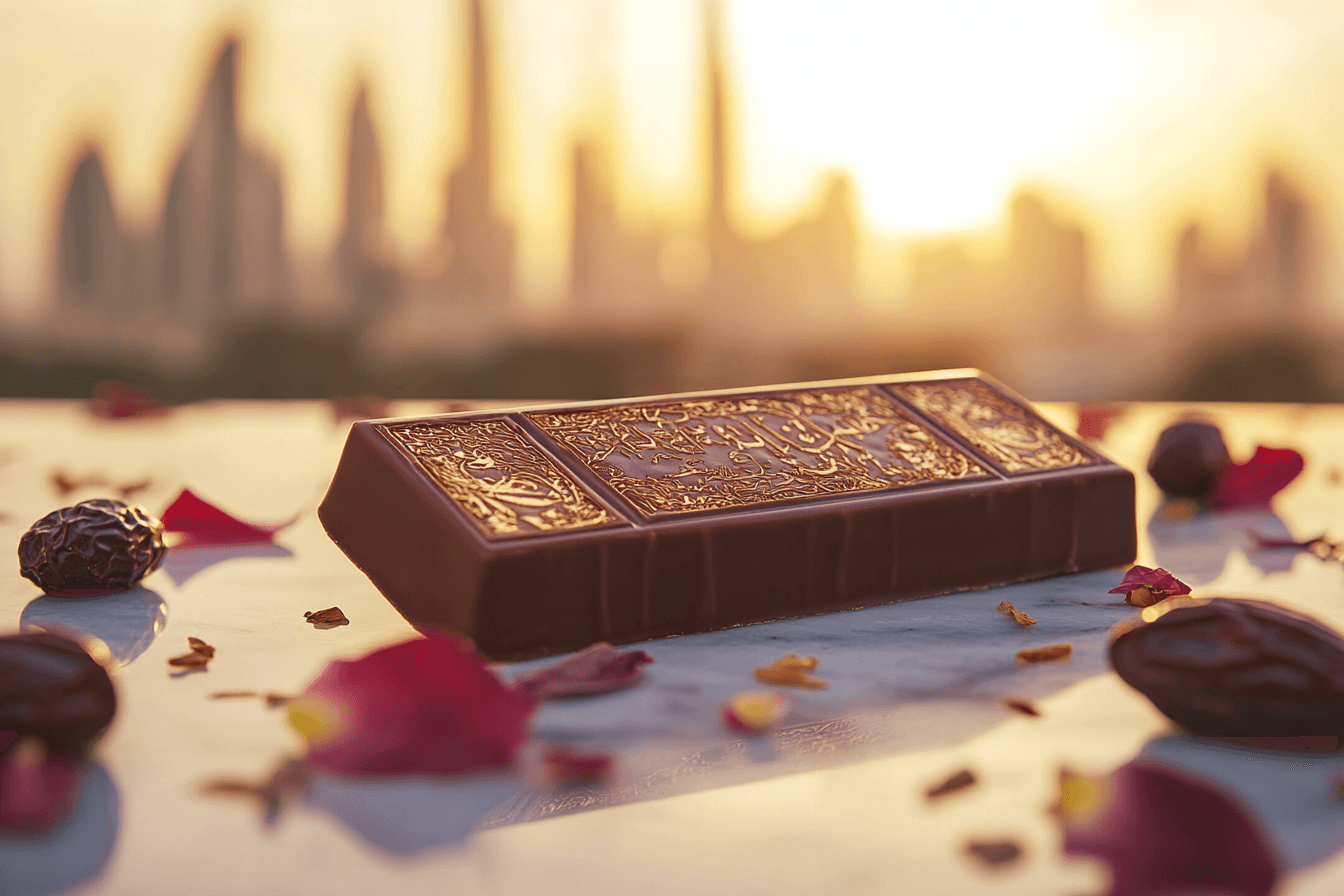 A luxurious camel milk chocolate bar with gold accents, inspired by Dubai's culture, set against the iconic city skyline.