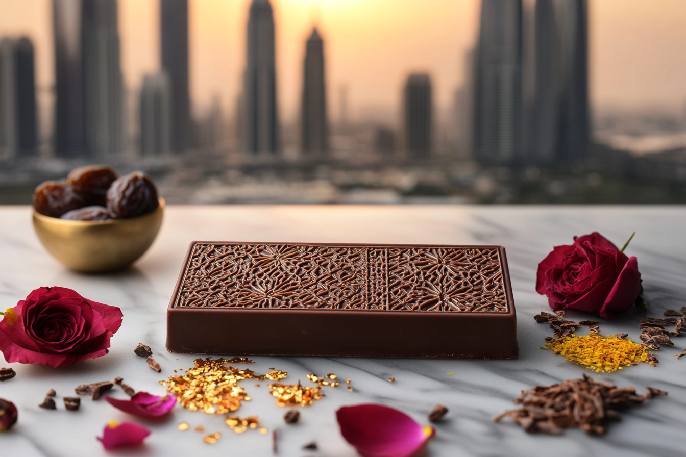 A luxurious Dubai chocolate bar on a marble surface, surrounded by gold flakes, saffron, dates, and rose petals, with Dubai’s skyline in the background.