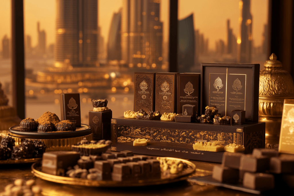 Luxurious Dubai chocolates with Middle Eastern flavors displayed against a backdrop of the Burj Khalifa and desert dunes.