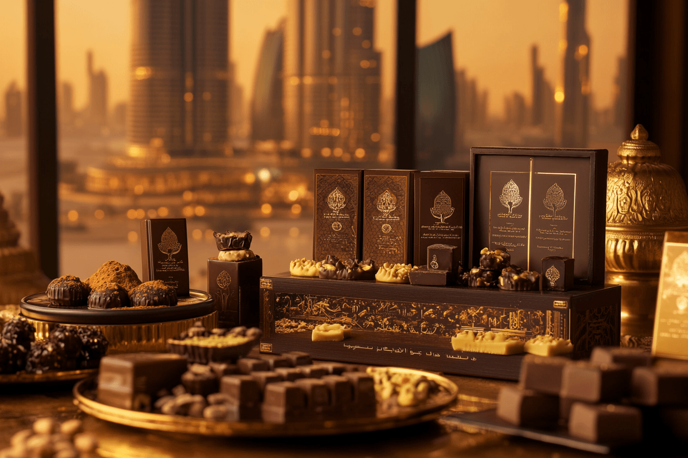 Luxurious Dubai chocolates with Middle Eastern flavors displayed against a backdrop of the Burj Khalifa and desert dunes.