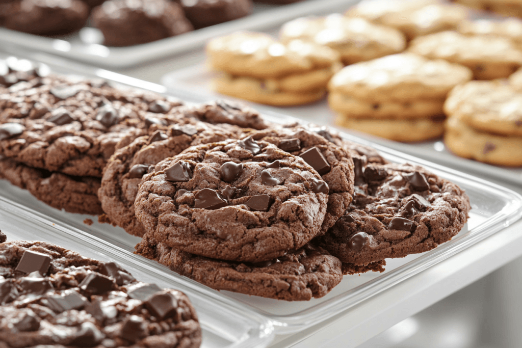 "Costco's double chocolate chunk cookies displayed on a bakery shelf with clear packaging and rich chocolate chunks visible."