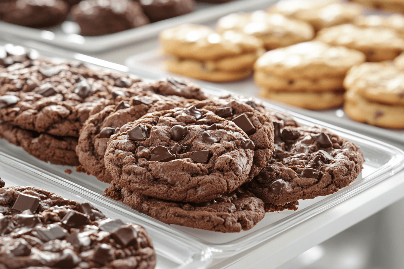 "Costco's double chocolate chunk cookies displayed on a bakery shelf with clear packaging and rich chocolate chunks visible."