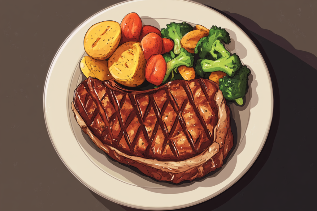 A 6 oz steak on a plate with roasted vegetables and nutritional information displayed.