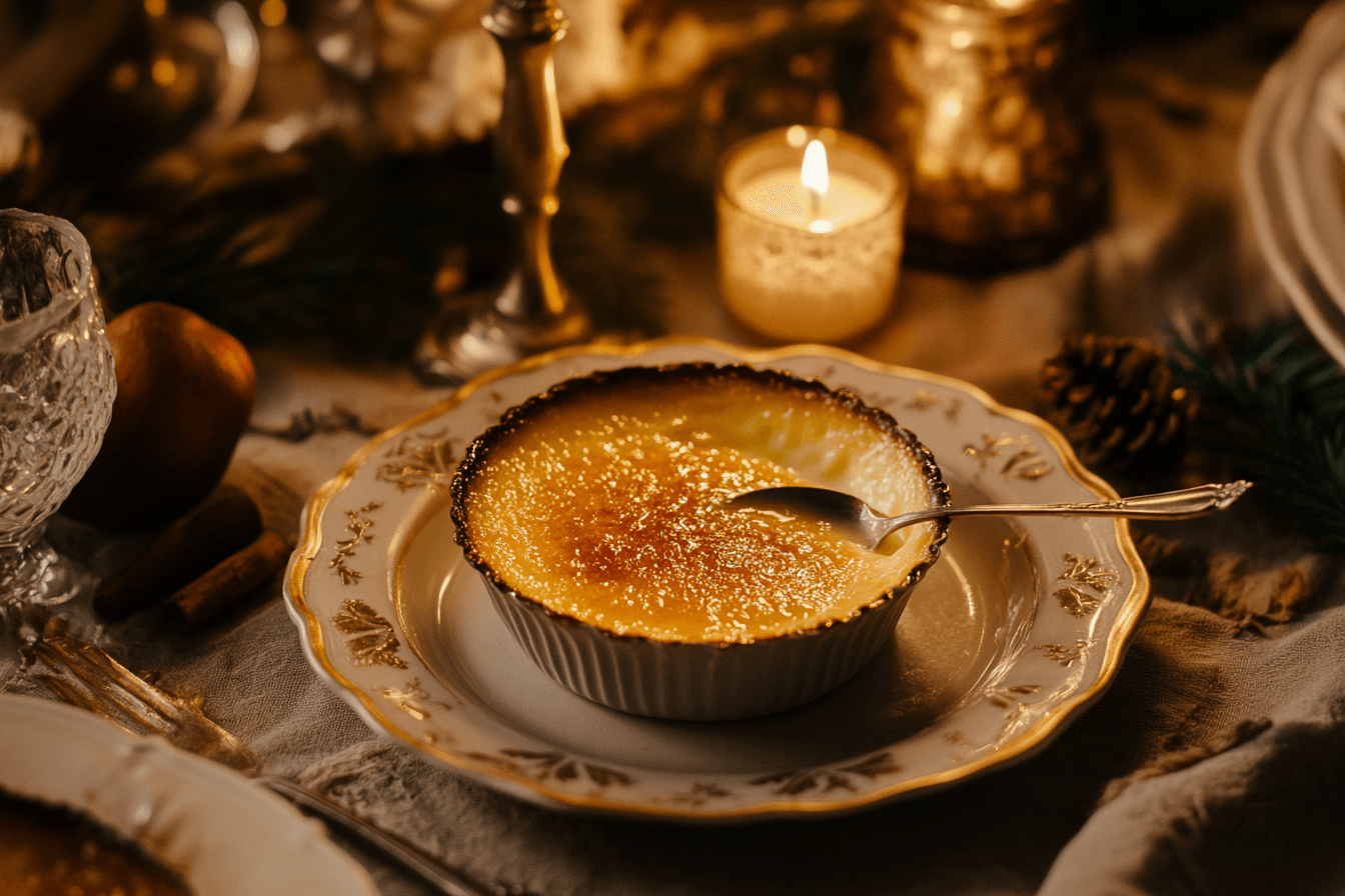 A ramekin of crème brûlée with a golden caramelized sugar crust and smooth custard.