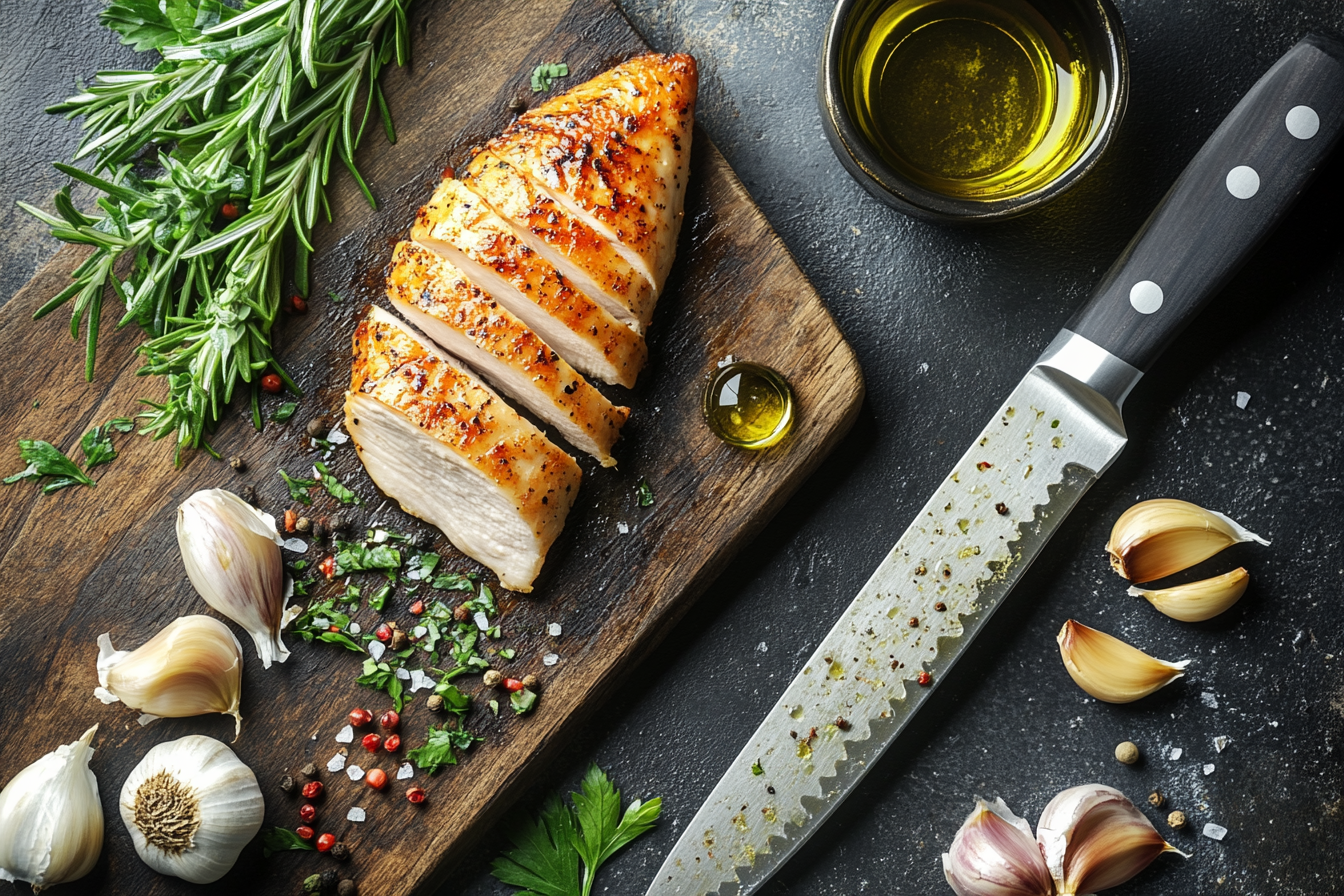 Thin-sliced chicken breast cooked to golden perfection, displayed on a wooden cutting board with herbs, garlic, and olive oil.