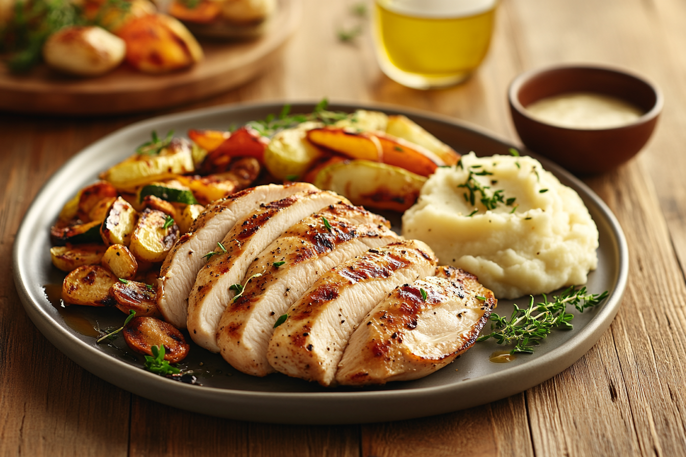 Grilled thin-sliced chicken breast with roasted vegetables and mashed potatoes on a rustic table.