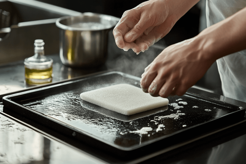 Cleaning a warm Blackstone griddle with a non-abrasive pad, scraper, and cleaning oil nearby for gentle maintenance."