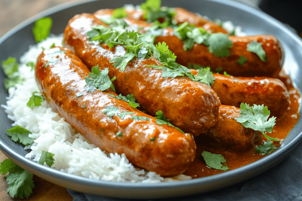 A serving of curried sausages paired with fluffy steamed rice and buttered naan bread on a dark ceramic plate. The dish is garnished with a drizzle of coconut cream and a sprinkle of chili flakes for contrast.