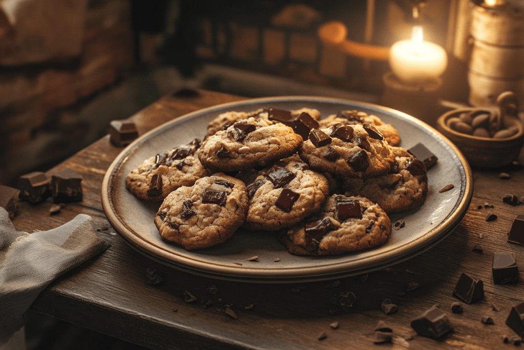 A batch of chocolate chunk cookies on a rustic table with scattered chocolate pieces.