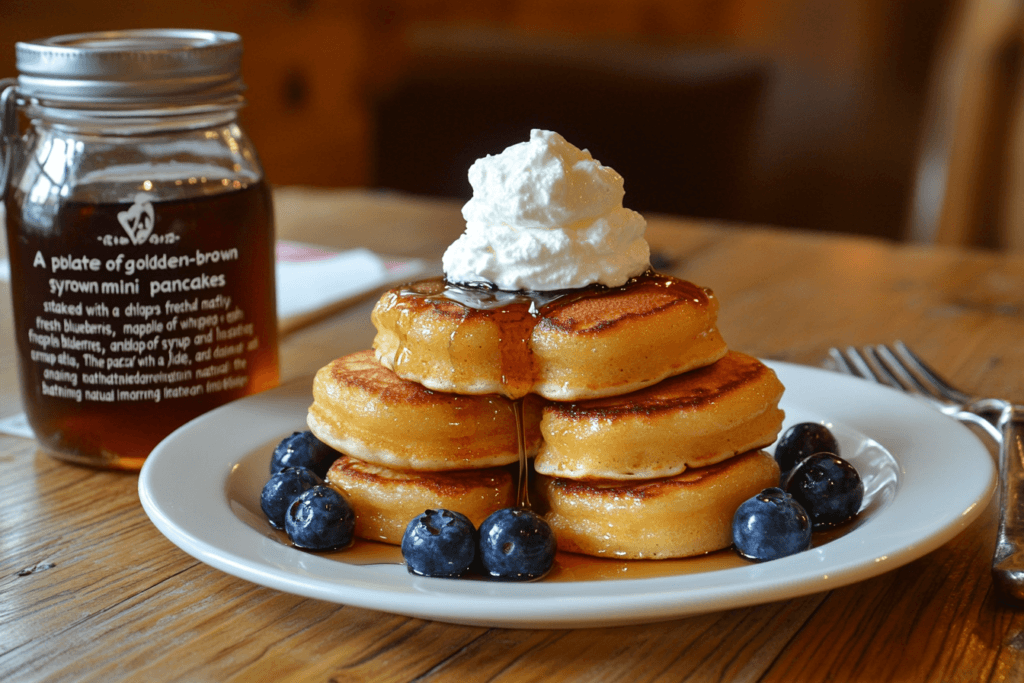 Golden mini pancakes stacked with maple syrup, blueberries, and whipped cream on a rustic table.