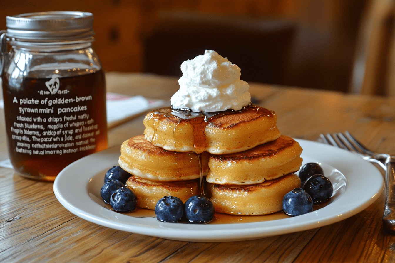 Golden mini pancakes stacked with maple syrup, blueberries, and whipped cream on a rustic table.