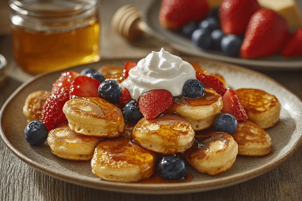 A stack of golden mini pancakes with syrup, strawberries, and blueberries on a rustic wooden table
