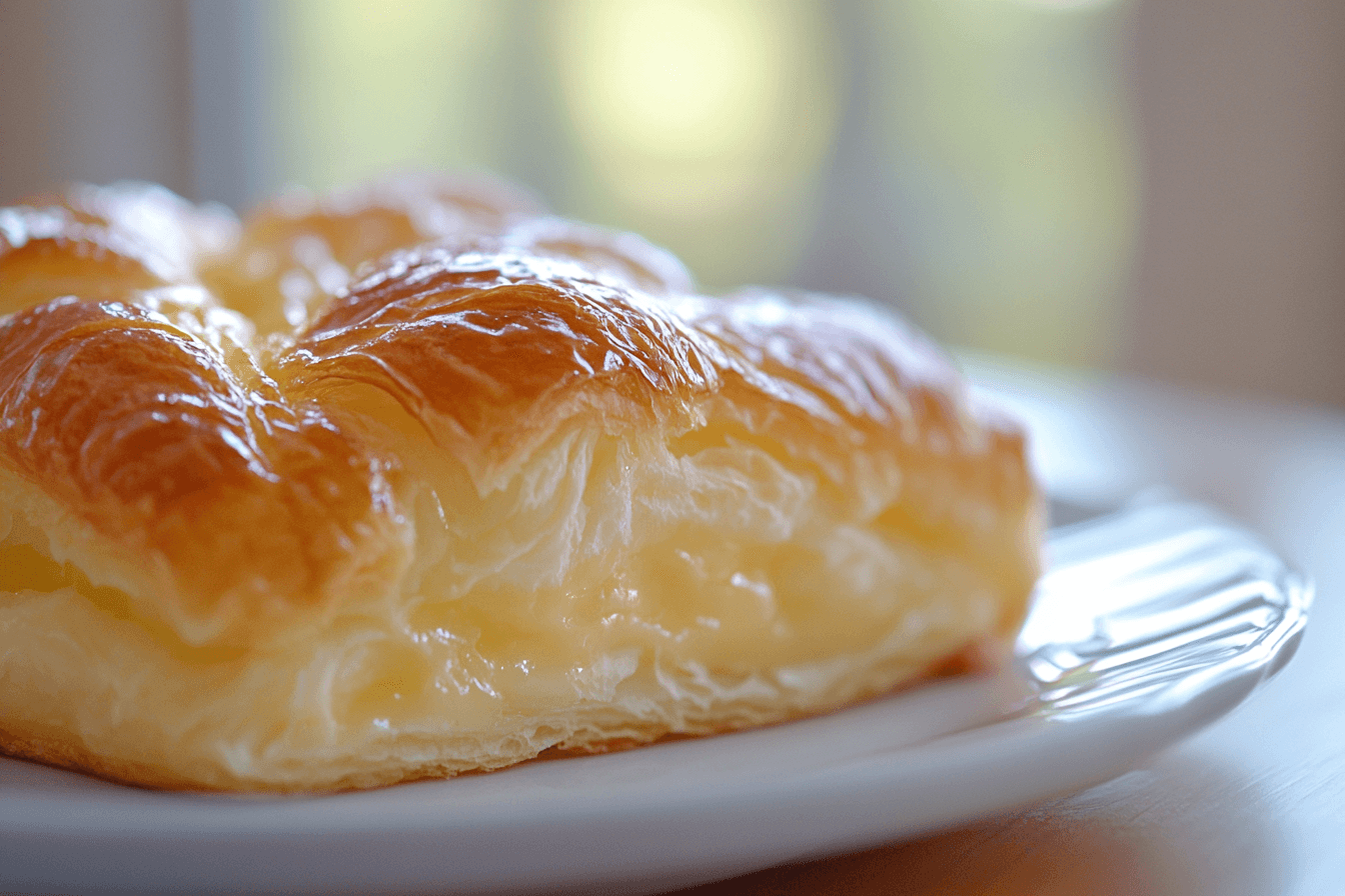 A golden butter croissant on a plate, highlighting its flaky layers and rich texture.