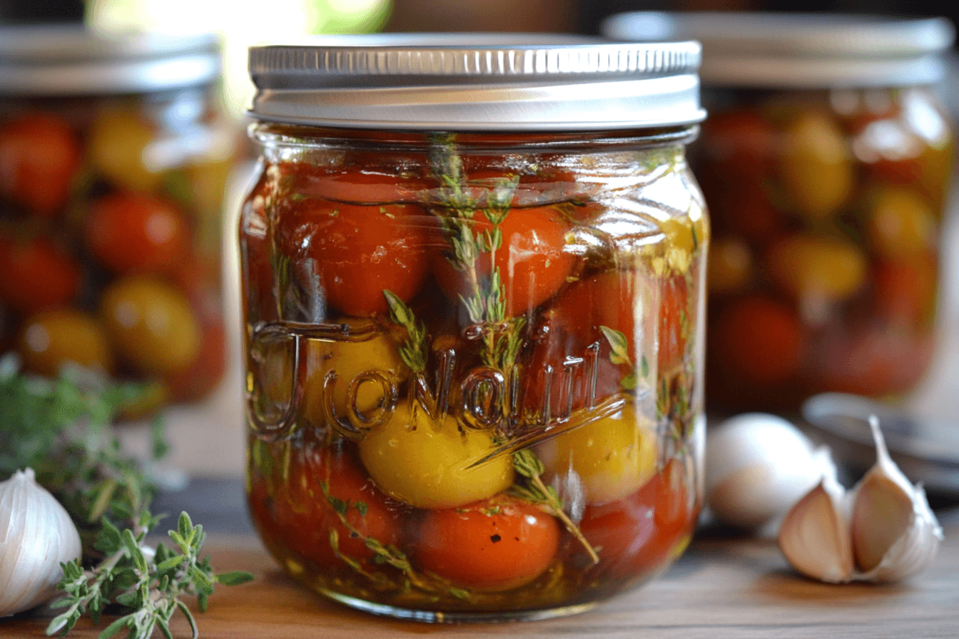 A jar of homemade tomato confit with cherry tomatoes, garlic, and olive oil on a rustic wooden table with fresh herbs.