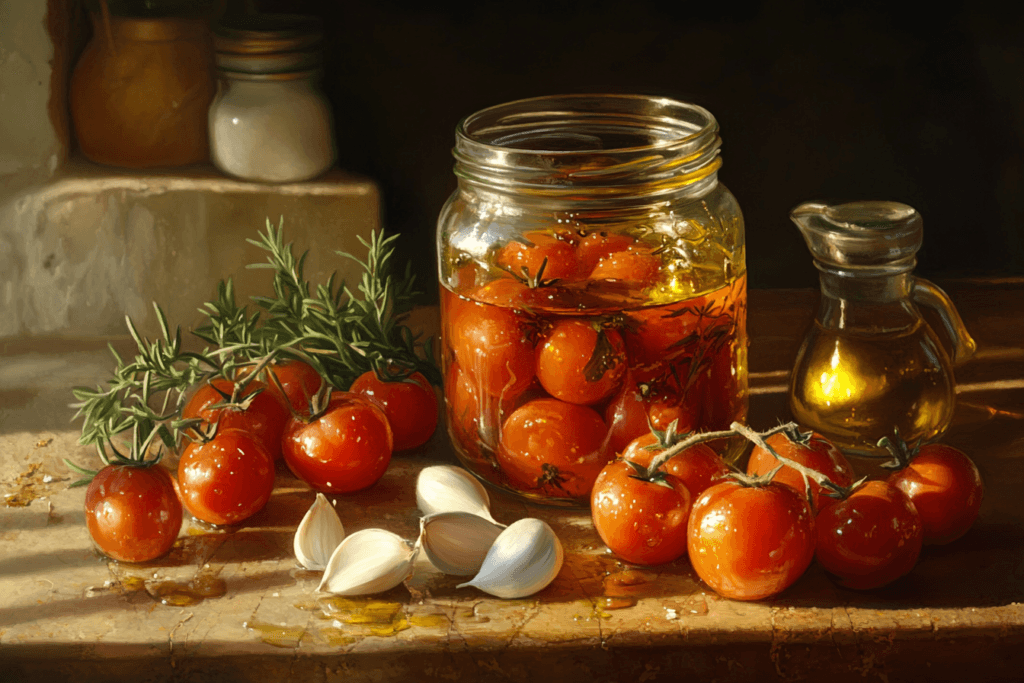 "Jar of homemade tomato confit surrounded by fresh ingredients on a rustic kitchen countertop."