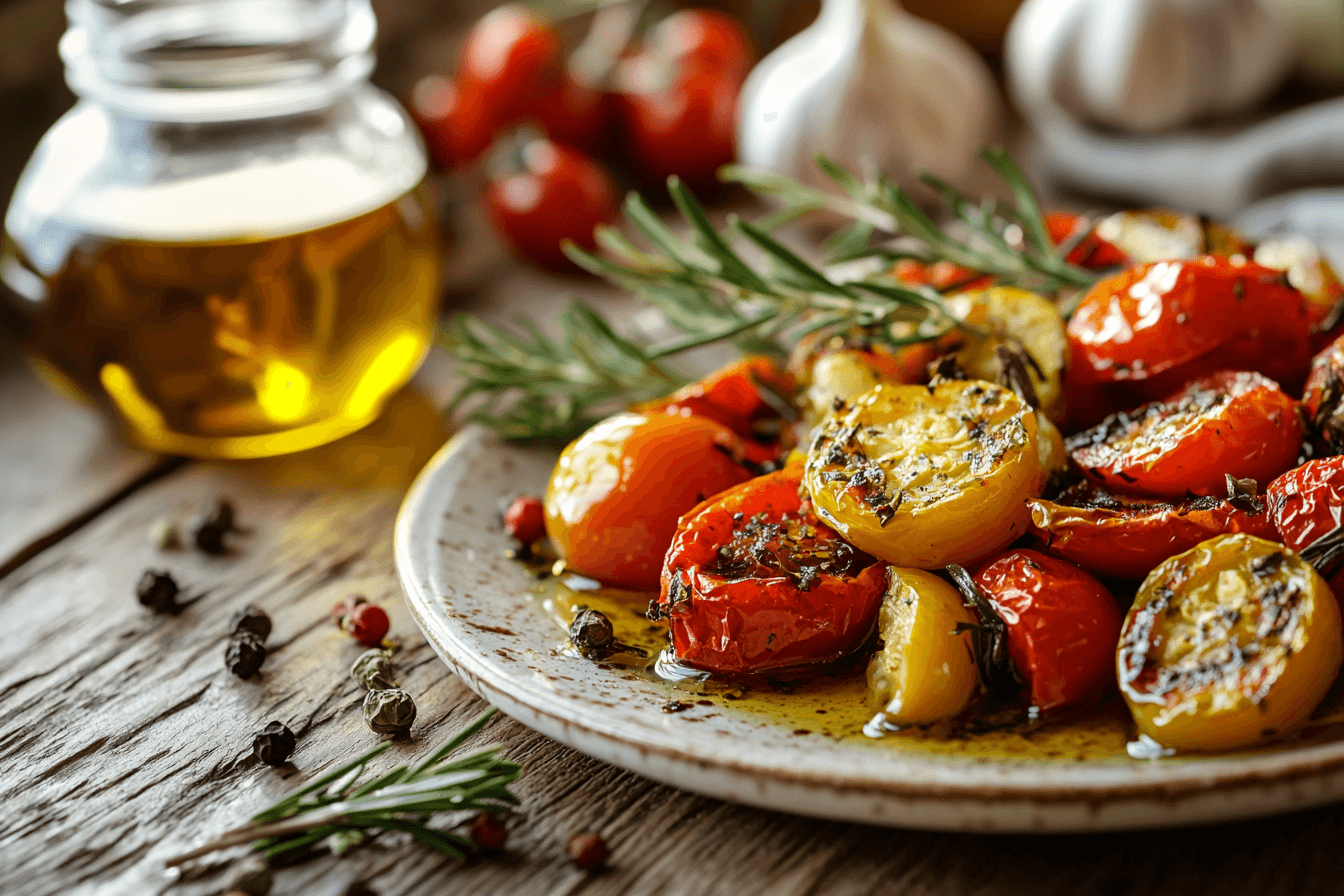 "Rustic plate of confit vegetables with roasted tomatoes, garlic, and zucchini in olive oil."