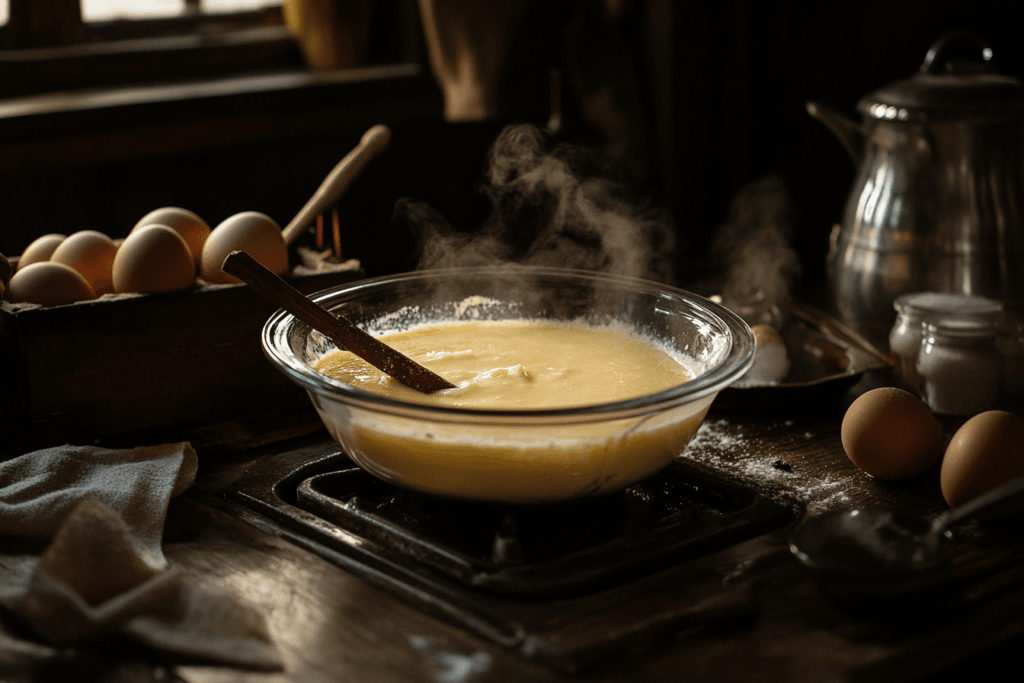 A glass bowl of custard being stirred on a stovetop with fresh ingredients nearby.