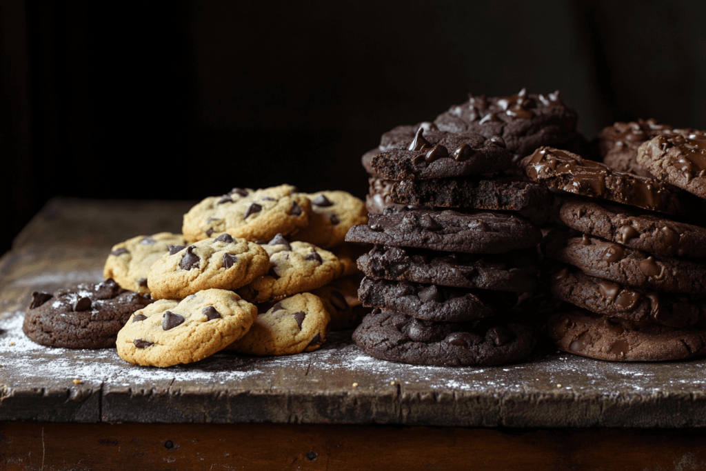 A comparison of chocolate chip and chocolate chunk cookies on a rustic wooden table.