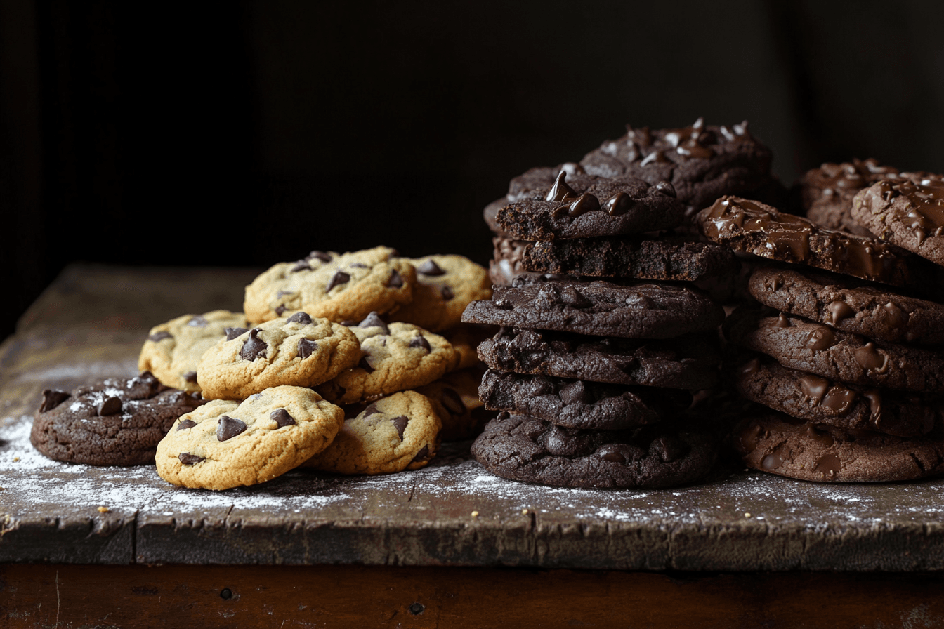 A comparison of chocolate chip and chocolate chunk cookies on a rustic wooden table.