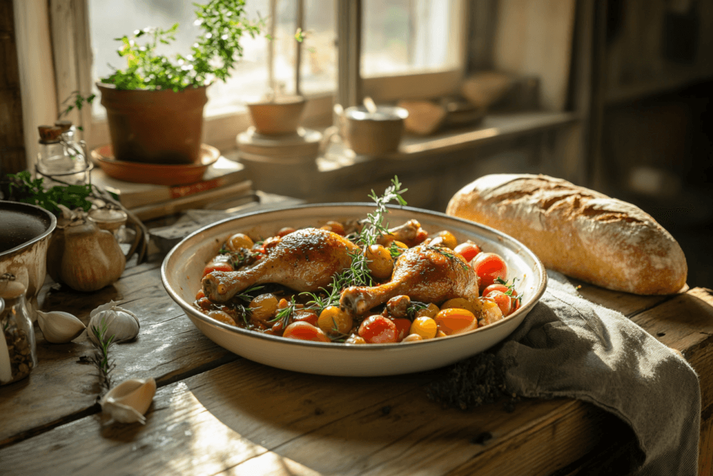 A rustic confit dish featuring golden duck legs with garlic and cherry tomatoes on a wooden table.