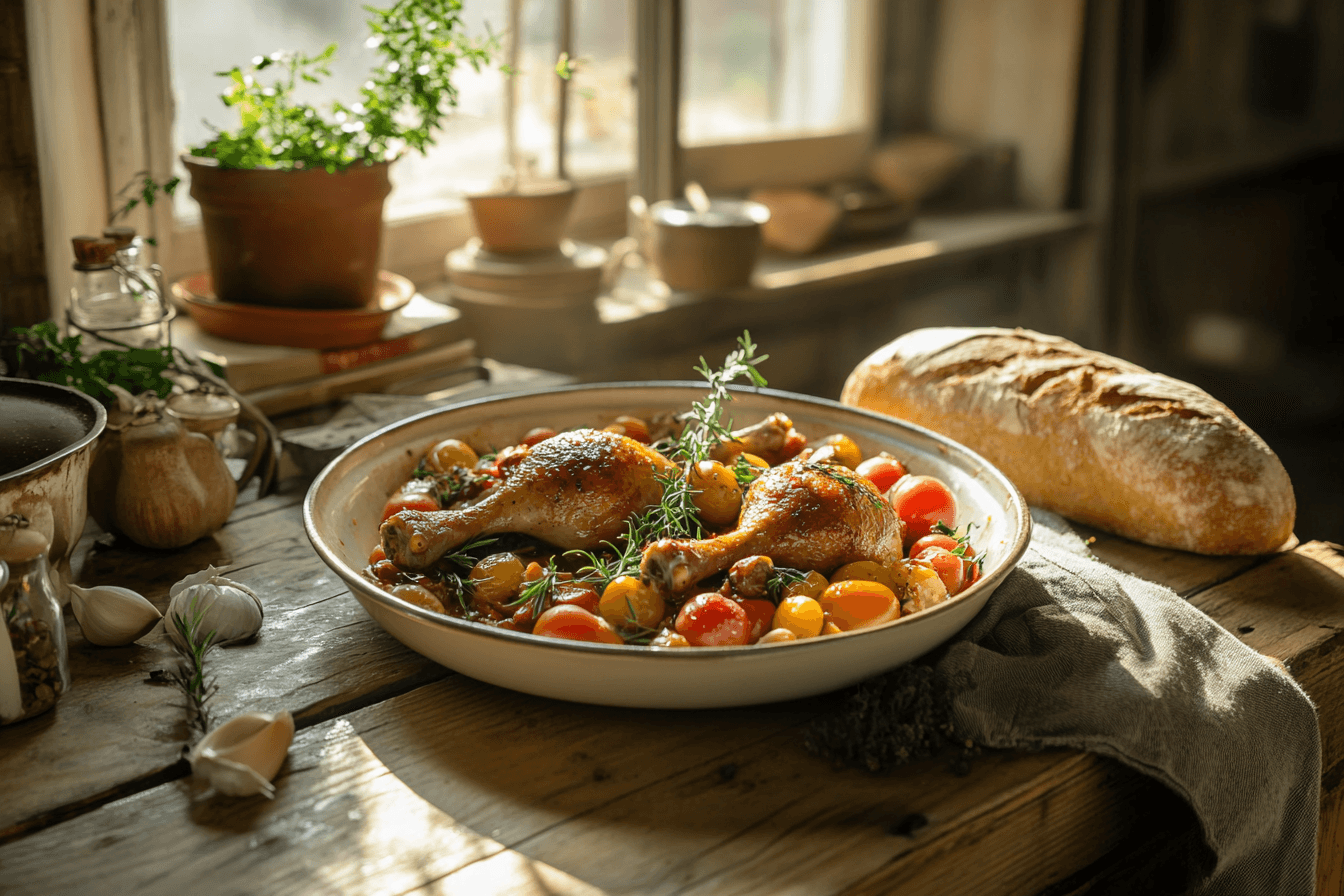 A rustic confit dish featuring golden duck legs with garlic and cherry tomatoes on a wooden table.