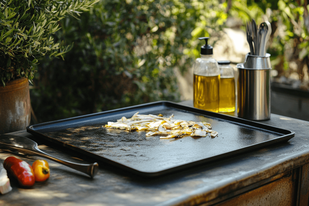 Preheated Blackstone griddle with a shiny surface, ready for cooking, accompanied by a spatula and oil dispenser