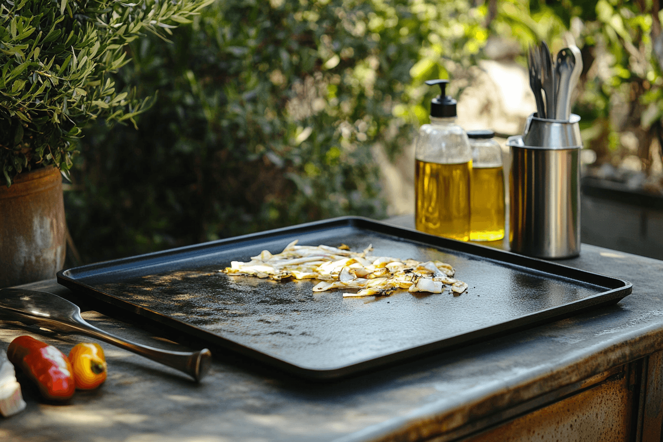 "A seasoned Blackstone griddle on a patio with an even, golden preheated surface emitting a gentle heat wave. The griddle's flat top gleams, showing readiness for cooking, with a metal spatula and oil dispenser nearby."