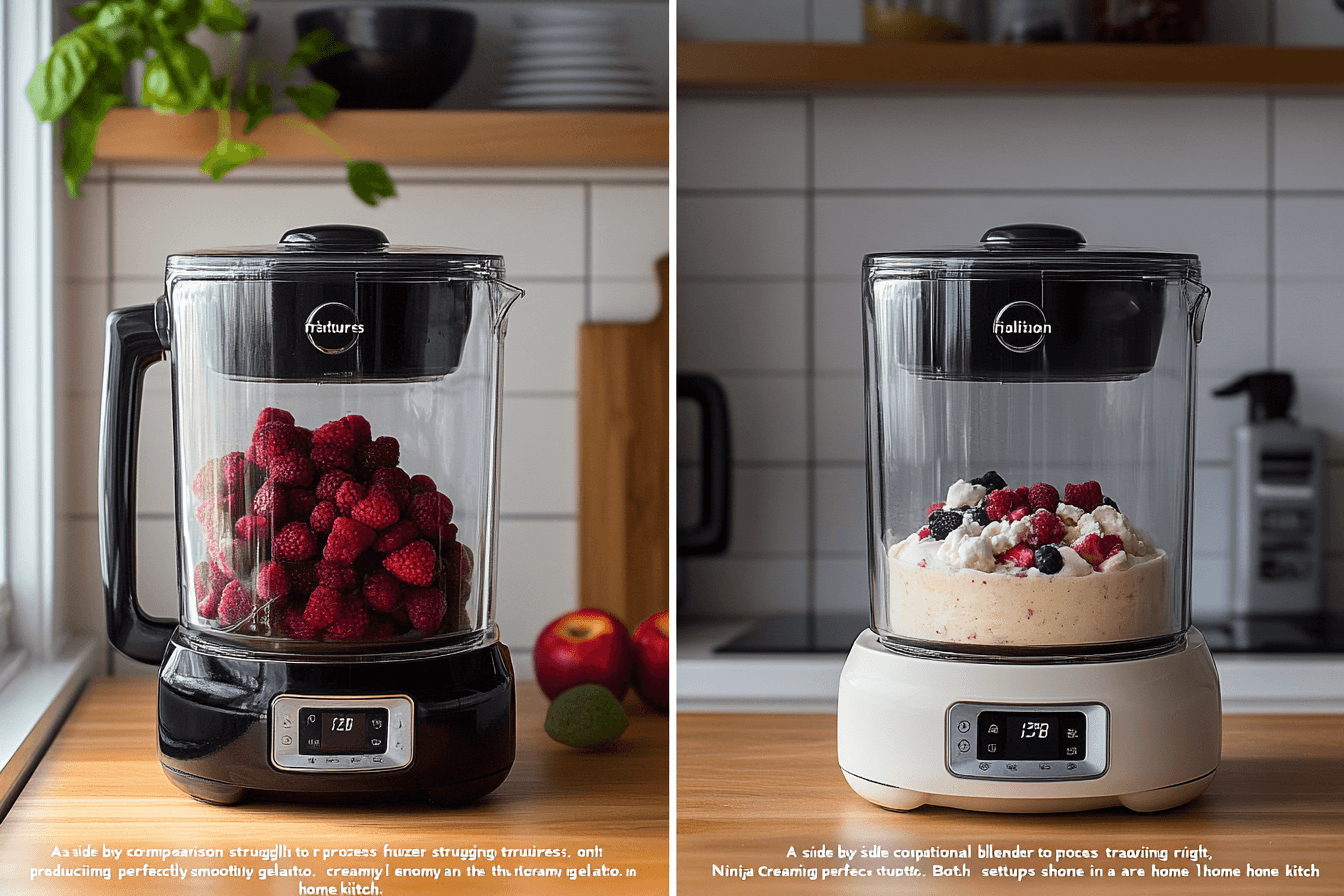 "A comparison of textures between a blender with icy chunks and the Ninja Creami's smooth gelato.