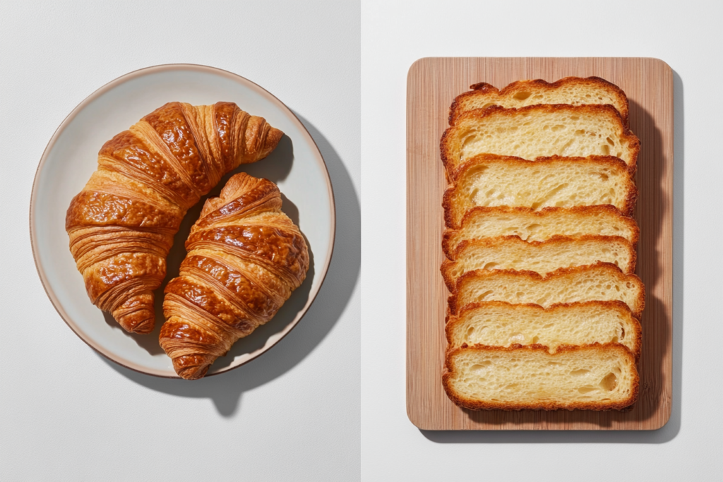 A side-by-side comparison of traditional croissants and croissant toast. On the left, crescent-shaped croissants are stacked on a plate, while on the right, neatly sliced croissant toast is arranged in a loaf-like form on a cutting board.