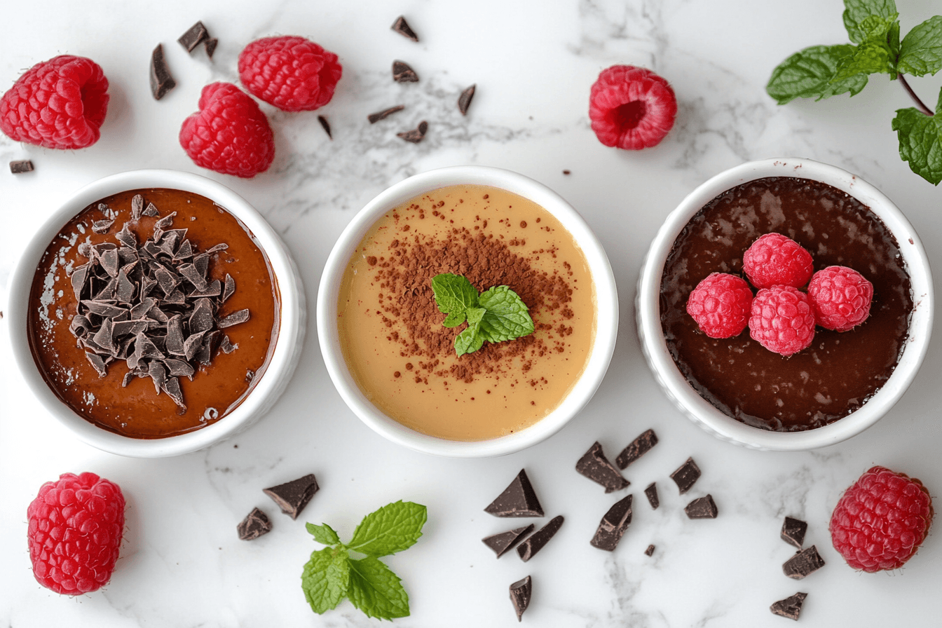 Three variations of crème brûlée—vanilla, chocolate, and raspberry—garnished with fresh raspberries, chocolate shavings, and mint leaves, displayed on a marble countertop.