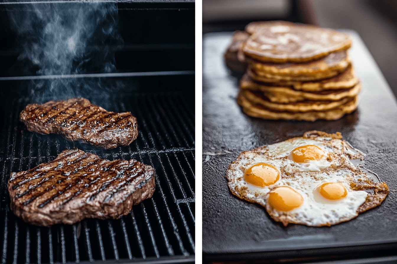 A side-by-side view of a Blackstone grill with grates cooking steaks and a Blackstone griddle preparing pancakes and eggs. The contrasting surfaces emphasize the differences in cooking styles.