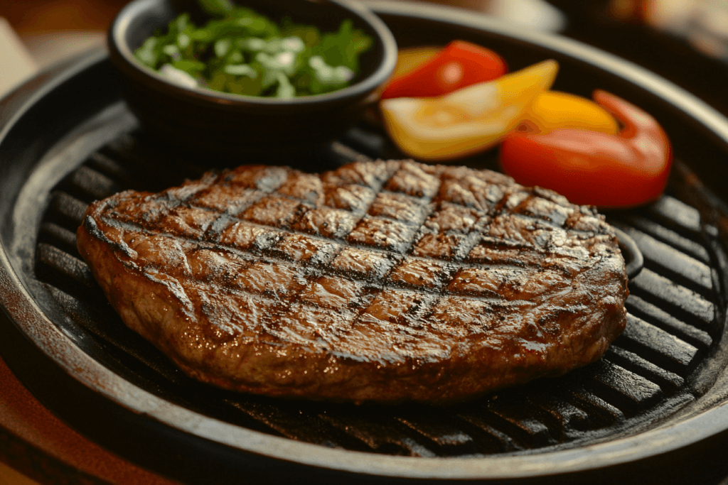 A sizzling 8 oz steak cooked to perfection on a grill.