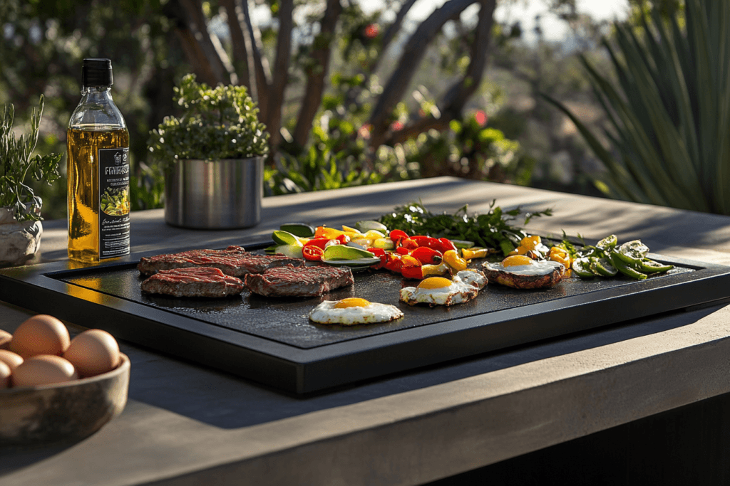 A Blackstone griddle outdoors with a variety of foods cooking on its flat surface, accompanied by a bottle of avocado oil.