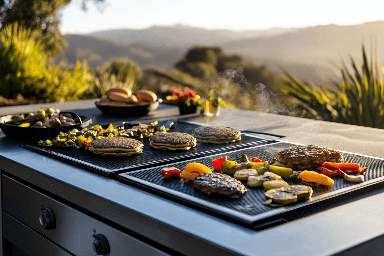 A Blackstone griddle on a patio, cooking pancakes, burgers, and vegetables with even heat distribution.
