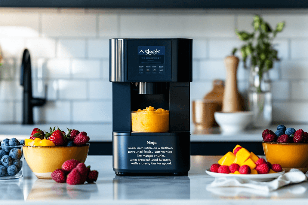 "A Ninja Creami appliance on a countertop surrounded by vibrant frozen fruits and a fresh sorbet in a glass bowl."